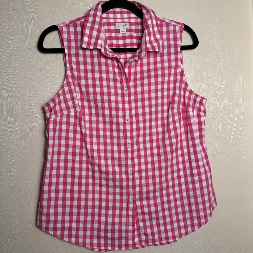 J.CREW Women's M Gingham Sleeveless Button-Up Shirt Pink White Preppy Coastal